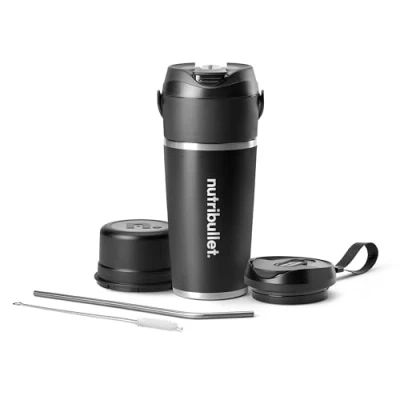 Bild av nutribullet Flip, Bärbar Mixer Med Isolerande Kopp På 590ml, Håller Kallt I 24h, Mixar Is, Inkluderar Lock Och Sugrör, USB C Laddning, Rostfritt Stål, Svart, NBP016B