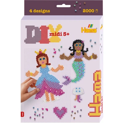Bild av HAMA pärlor 3453 strykpärlor prinsessa och sjöjungfru, liten presentförpackning med ca 2 000 midipärlor, pennplatta, motivmall, strykpapper, för barn från 5 år