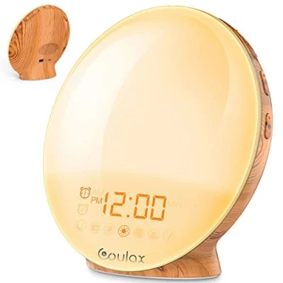 Bild av COULAX Multicolor Wake Up Light väckarklocka, träutseende, dagsljusväckarklocka med 2 larmtider, 7 naturljud och FM radio, snooze väckningsljusväckarklocka för vuxna barn