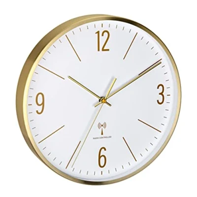 Bild av TFA Dostmann analog trådlös väggklocka, 60,3534,55, 30 cm, gyllene metallram, tyst urverk, modern design, med glaslock guld