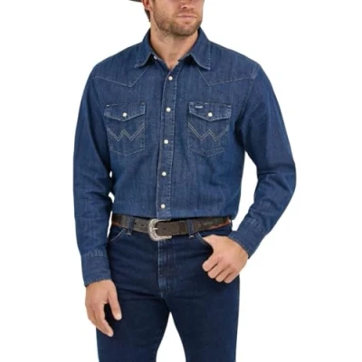 Bild av Wrangler herr Western långärmad knäpp arbete skjorta tvättad finish, Mörk denim, S