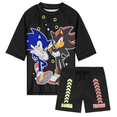 Bild av Get Trend Set med badkläder för pojkar och tonåringar, 2 delar, badshorts t shirt strand, pool semester, Sonic Black, 7 8 ans
