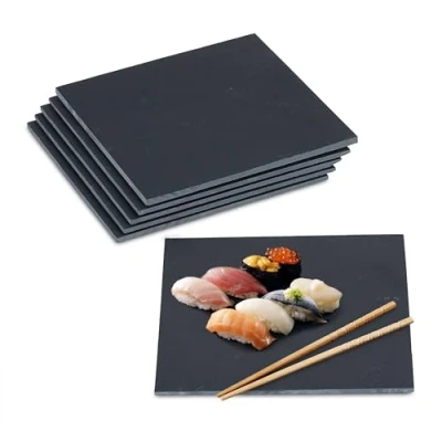 Bild av Relaxdays Skifferplatta set med 6 st, serveringsfat kvadrat, 25 x cm, för servering av ost, sushi, desserter, svart