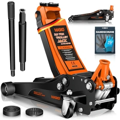 Bild av MASKO® domkraft jack hydraulisk platt lyfthöjd + 2x gummikudde handskar bilskjutning 360 rulle manövrerande domkrafter under stativet 3 ton orange