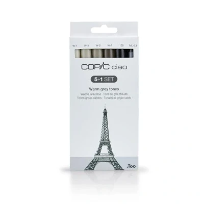 Bild av COPIC Ciao märkpennor 5 + 1 set &quot;varma gråtoner&quot;, alkoholbaserade allround layoutmärkpennor med en medelbred och penselspets, inkl. Multiliner 0,3 mm