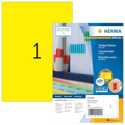 Bild av HERMA 4401 färgade etiketter A4 (210 x 297 mm, 100 ark, papper, matt) självhäftande, utskrivbara, permanenta färgetiketter, klistermärken, gul