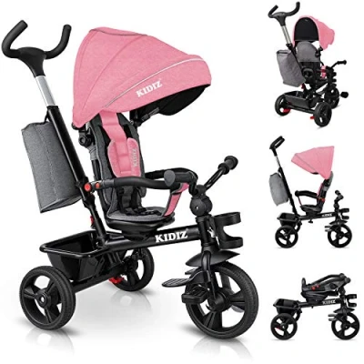 Bild av KIDIZ® Trehjuling, 5 i 1, trehjuling för barn, med skjutstång, styrsystem, stång från 1 år, joggare framåt och bakåt, korg, väska, mugghållare, soltak, gummihjul, buggy cykel, baby, vikbar, rosa