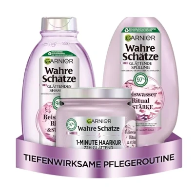 Bild av Garnier True Treasures utjämnande hårvårdsset med risvatten för medellångt hår, mer glans och jämnhet, schampo (250 ml), balsam (200 1 minut hårbehandling (340 3 delar