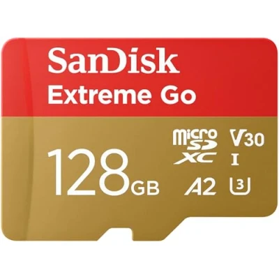 Bild av SanDisk 128GB Extreme Go micro SDXC kort + SD adapter (För Android enheter, bärbara datorer och handhållna spelkonsoler UHS I, upp till 200 MB/s, V30, 5K, 4K, UHD, Rescue PRO, C10, U3) För Amazon