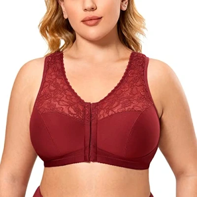 Bild av DELIMIRA Kvinnors Främre Stängda Bh:ar Racerback Plus Size Full Täckning Trådlös Bh Spets Mörk rost 85D