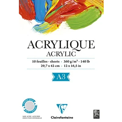 Bild av Clairefontaine Ref 96309C Akrylpappersdyna (10 ark) A3 (297 x 420 mm) i storlek, 360 gsm papper, syrafri, pH neutral lämplig för användning med akryl och gouachefärger