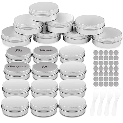 Bild av Firschoie 20 st tomma kosmetiska burkar i aluminium, ml miniburk med skruvlock, tom burk 28 runda klistermärken och 4 spatlar, perfekt för smink, krämer, lotion