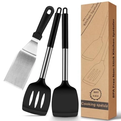 Bild av Stekspade silikon, 2 stycken silikonspatlar kökskostym, värmebeständig spatel plast BPA fri, silikon kökshjälpsset, svart kökshjälpmedel, non stick för matlagning