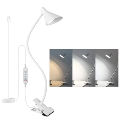 Bild av Qooltek LED klämlampor, lä, 3 färglägen, 10 ljusstyrka, 5 W USB driven skrivbord med flexibel arm, vit