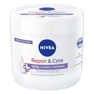 Bild av NIVEA Kroppskräm Repair &amp; Care 400 ml, parfymfri multifunktionskräm för känslig och irriterad hud, snabbt absorberande kroppskräm, ansikte händer berikad med Panthenol glycerin