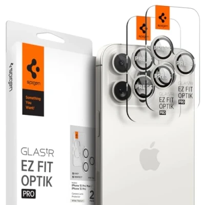 Bild av Spigen Glas.tR EZ Fit Optik Pro Kamera Skärmskydd kompatibel med iPhone 15 Pro, Max, 2 Stycken, vitt titan, Inget fel på blixtfunktionen, 9H härdat Glas