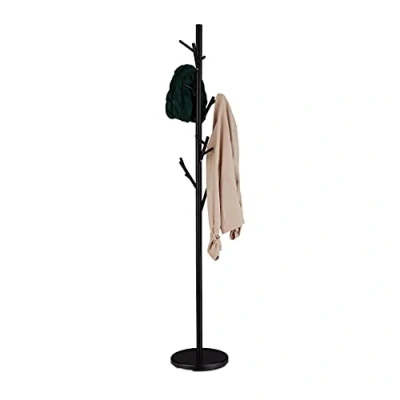 Bild av Relaxdays, svart klädställ, metall, 12 krokar, H x D: 176 30 cm, klädställ trädform, jackställ stabil, järn