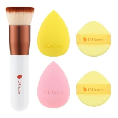 Bild av DUcare Foundation Brush 1 st &amp; latexfri sminksvamp 2 svamppuff st, syntetisk sminkborste Flat Top Kabuki borste, lämplig för vätskor, krämer och puder
