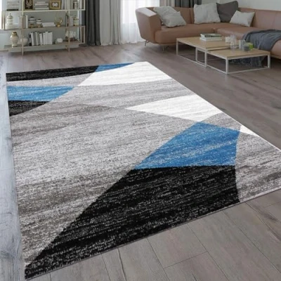 Bild av VIMODA Matta geometriskt mönster melerad i blått gråvit svart kort lugg vardagsrum, mått: 120 x 170 cm