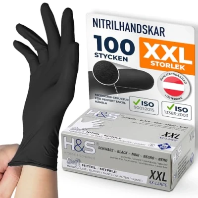 Bild av ISC Hygiene &amp; Safety nitrilhandskar XXL, engångshandskar, matlagningshandskar mat 100 stycken storlek 11 XXL svart puderfri latexfri gummihandskar engångs