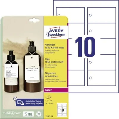 Bild av AVERY Zweckform T1001 10 stabila hängen 100 stycken inkl. snören (90 x 50 mm till A4, produkthängen med tryck på båda sidor, extra fin perforering, presentetiketter, prislappar) kartong 185 g, vit