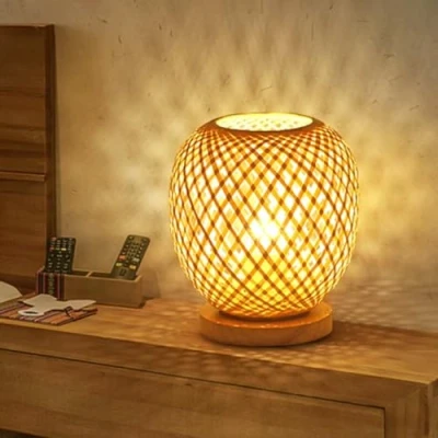 Bild av GUANSHAN bambu vävning lykta bord sänglampa lantlig stil liten nattlampa dekorativ belysning skrivbord lampskärm för sovrum