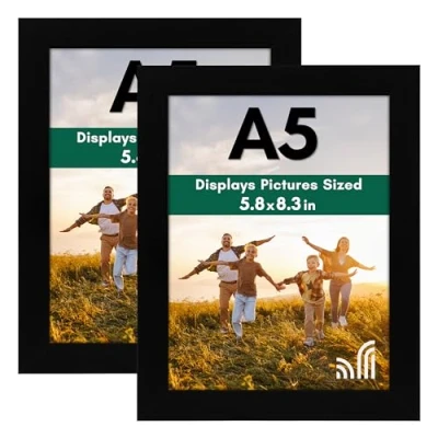 Bild av Americanflat A5 fotoramar i svart set med 2 konstruerat trä okrossbart glas horisontella och vertikala format för vägg bord 14,8 x 21 cm