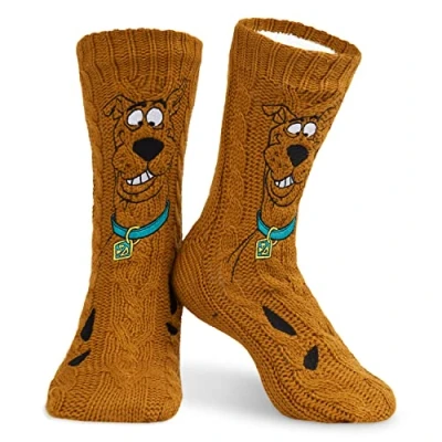 Bild av Scooby Doo Slipperstrumpor för män, stickade fluffiga strumpor Fleecefoder, halkfri (Brun)