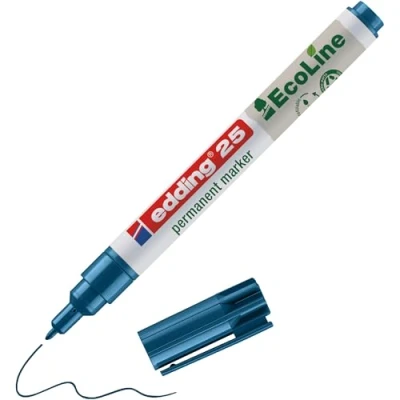Bild av edding 25 Ecoline permanent marker blå låda med 10 rund spets 1 mm vattenfast, snabbtorkande, fläckfria pennor för kartong, plast, glas, trä, metall och tyg går att fylla på