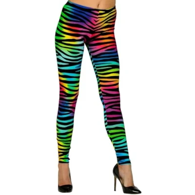Bild av WIDMANN Milano Party Fashion leggings 80 talet, neon tigertryck, tals, disco feber, badknapp, randigt mönster, temafest, karneval