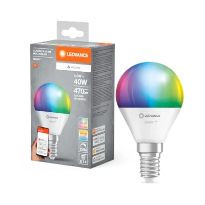 Bild av LEDVANCE SMART+ MATTER LED ljuskälla, kompatibel med Google, Alexa, Apple, vit frostad, 4,9W, 470lm, E14 sockel, färgljus, vitt ljus, app eller röststyrning, livslängd upp till 20 000 timmar