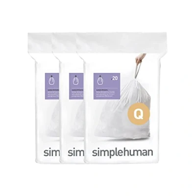 Bild av Simplehuman Code E anpassad passform sopsäckar med dragsnöre i dispenserpaket, 60 antal, 20 liter/5,3 gallon, vit