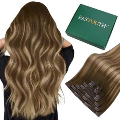 Bild av Easyouth Naturlig hårförlängning med klämma, slingor, mellanbrun till jordgubbsblond ombré, hårförlängningar äkta människohår, brun ombre, 16 tum, 120 g, 7 st