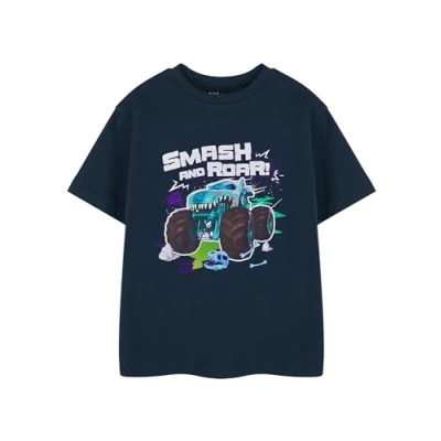 Bild av Hot Wheels Monster Trucks Pojkar Marinblå Kortärmad T shirt Smash And Roar Graphic Tee för Barn Klädsel Officiellt Merchandise &amp; Tonåringar