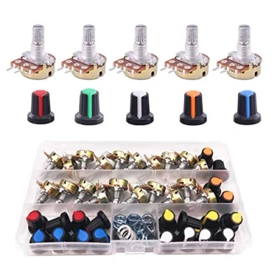 Bild av Linjär potentiometer, 3 terminaler, roterande, B5K B10K B20K B50K B100K B250K Ohm, vridknapp, muttrar och bricka för Arduino, Raspberry Piand, andra projekt (22 st)