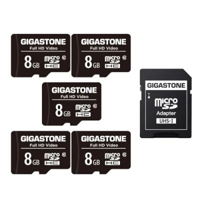 Bild av Gigastone 8 GB minneskort set med 5 kort, hög läshastighet upp till 80 MB/s. Perfekt för bärbar Full HD video, U1 C10 UHS I Micro SDHC kort 2 minifodral och 1 SD adapter.