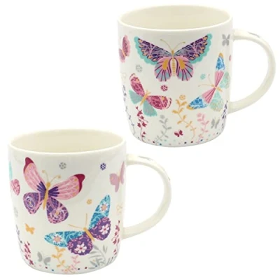 Bild av Dekohjälden24 set med 2 kaffemuggar i porslin motiv: Färgglada fjärilar storlek (H x B): 9 8 cm, kapacitet 270 ml, diskmaskinssäker, rosa färgglad