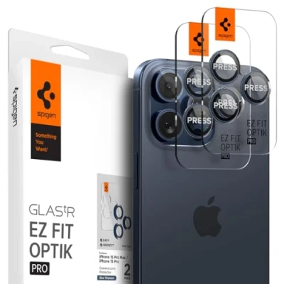 Bild av Spigen Glas.tR EZ Fit Optik Pro Kamera Skärmskydd kompatibel med iPhone 15 Pro, Max, 2 Stycken, blått titan, Inget fel på blixtfunktionen, 9H härdat Glas
