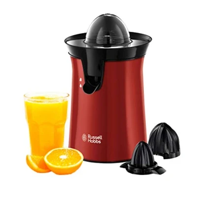 Bild av Russell Hobbs Colours Plus elektrisk citruspress, 60W, en stor och liten kon, passar t.ex. lime/citron/apelsin, droppstopp, automatiskt roterande koner, startar med ett tryck, röd, 26010 56