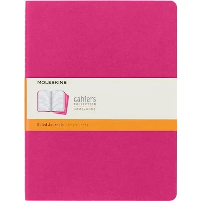 Bild av Moleskine Cahier Journal, set med 3 anteckningsböcker linjerade sidor, kartongskydd synlig bomullsstickning, färg kinetisk rosa, extra stor 19 x 25 cm, 120 sidor