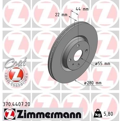 Bild av ZIMMERMANN 370.4407.20 Disque de frein 280 22 5/4 4 100 ventilé l&#039;intérieur revêtu MAZDA: MX 5 IV