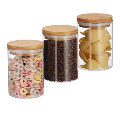 Bild av Relaxdays Förvaringsburkar glas, set om 3, för pasta, ris, müsli, kaffebönor, volym 600 ml, H x D 14 9,5 cm, natur, transparent, ljusbrun