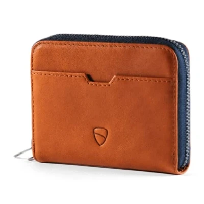 Bild av Vaultskin Mayfair Minimalistisk plånbok med dragkedja i läder. Liten RFID blockerande multikorthållare myntfack, Konjak, En storlek,