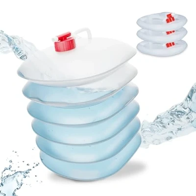 Bild av Relaxdays Fällbar behållare set om 4, 10 liter, vikbar vattenbehållare med kran, BPA fri, livsmedelssäker, transparent/röd