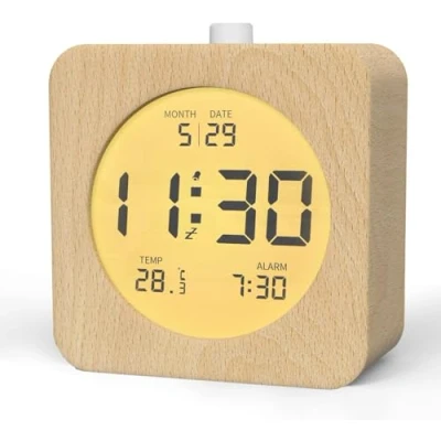 Bild av aboveClock Digital Väckarklocka, Träväckarklockor för Sängbord med LCD skärm, Snooze funktion, Nattljus, Endast Batteridriven Klocka Sovrum, Ljus Trä