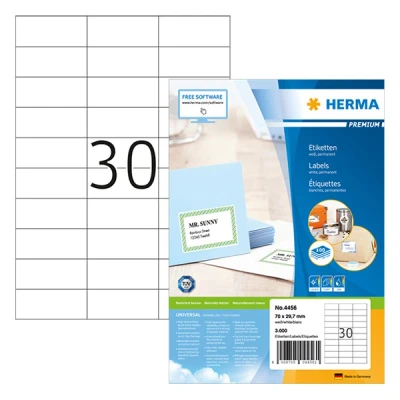 Bild av HERMA 4456 universella etiketter A4 små (70 x 29,7 mm, 100 ark, papper, matt) självhäftande, utskrivbara, permanenta adressetiketter, 3 000 klistermärken, vit