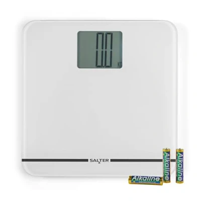Bild av Salter Max digital badrumsvåg superstor LCD skärm, 250 kg kapacitet, stor plattform, enkel läsning, mattfötter och batterier ingår, kg/lbs, omedelbara avläsningar, viktmätningar, vit
