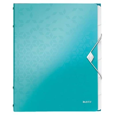 Bild av Leitz WOW Sorteringsmapp, A4, upp till 200 ark, integrerat register, 6 fack, elastiskt band, isblå metallic, 46330051
