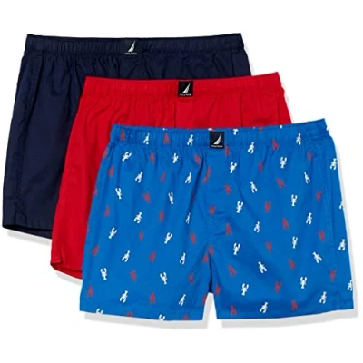 Bild av Nautica herr bomullsvävd 3 pack boxershorts, Peacoat/Bright Röd/2 Färghummer, M