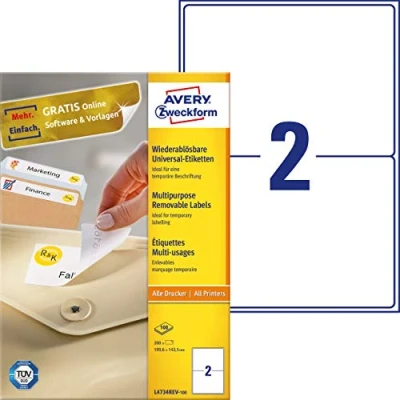 Bild av AVERY Zweckform 3483200 universella etiketter (800 plus 80 självhäftande extra, 105 x 148 mm på A4, tryckbara fraktetiketter, fraktklistermärken med ultragrip) 220 ark, vit